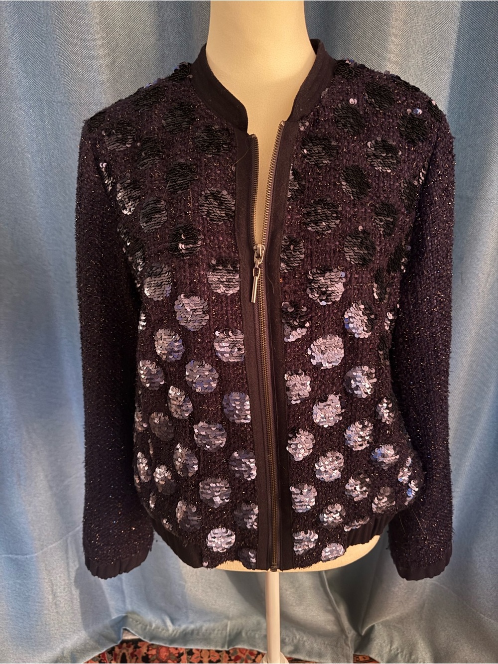 Anthropologie Elevenses Navy Sequined Polka Dot Bomber Jacket